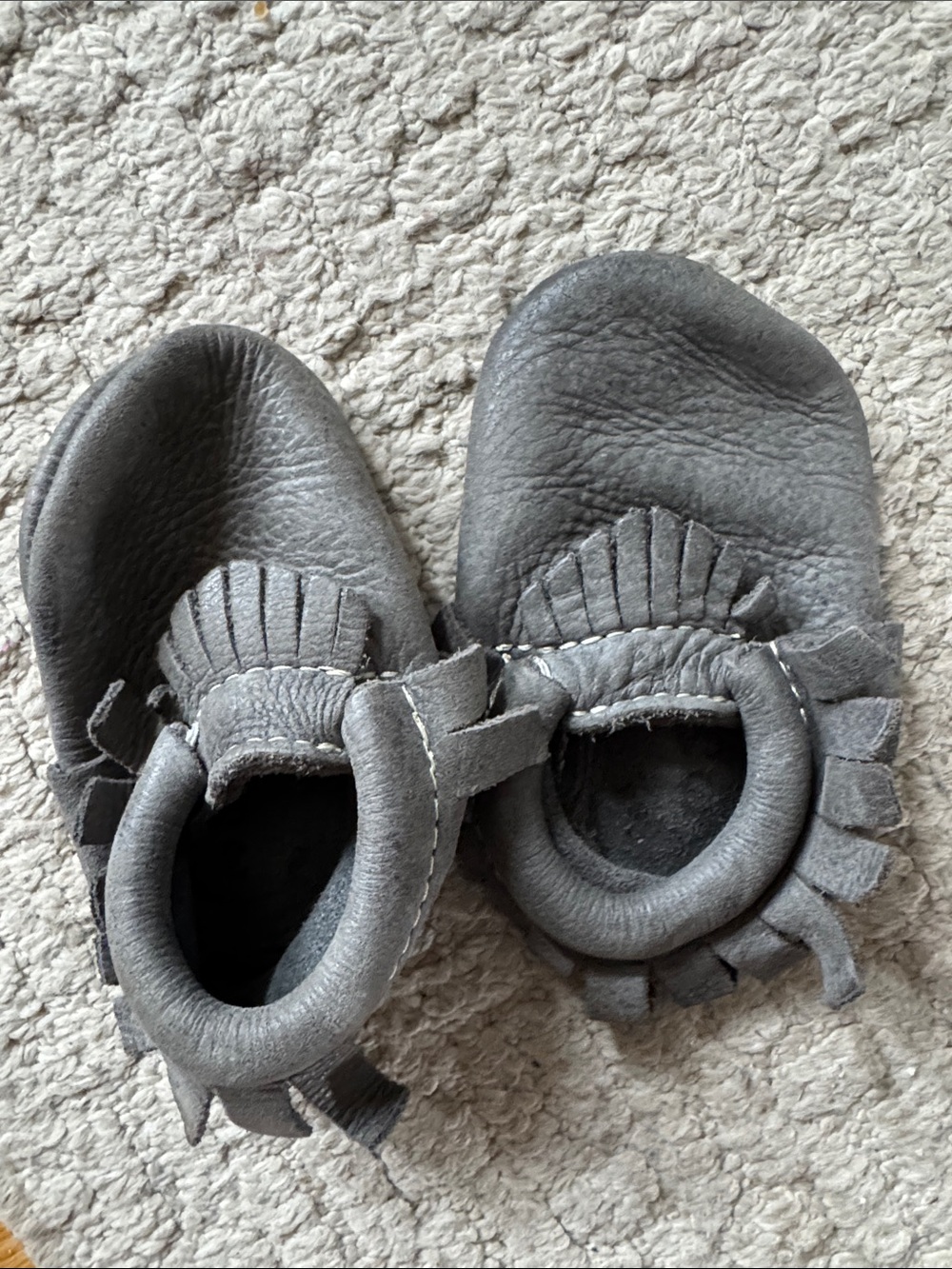 Freshly Picked Gray Leather Toddler Moccasins with Fringe